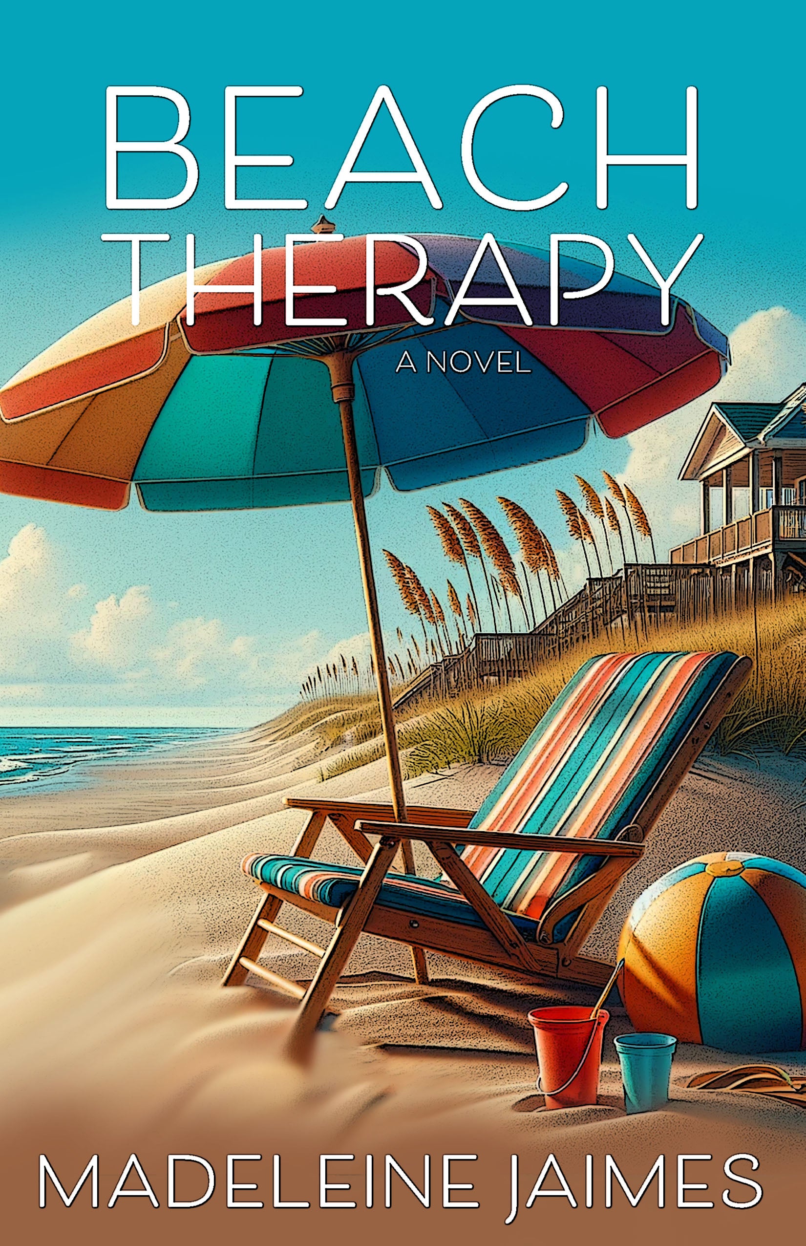 Book cover for Beach Therapy with beach chair and umbrella on the sand, house in background